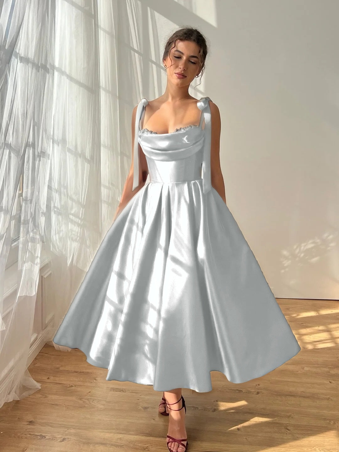 Satin Strapless Spaghetti Straps Sleeveless Pleated A-Line Prom Dress With Pleated And Bows YK0612