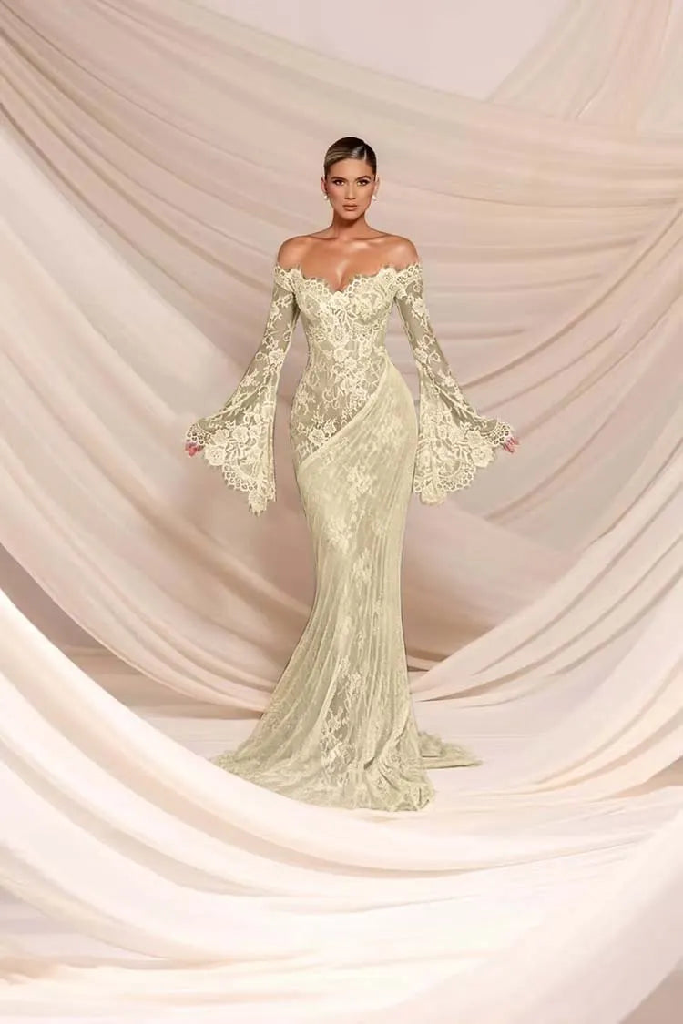 Cocoslly Strapless Sleeveless High Waist Long Mermaid Prom Dress | White Lace And Chiffon WQ0811