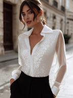 Sequin Embellished Sheer Sleeve Button-Front Blouse