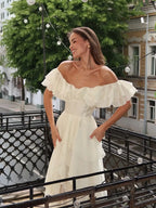 Cocoslly Off-The-Shoulder Sleeveless High Waist Long Prom Dress With Ruffles | White Chiffon LX0115