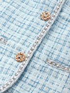 Women Blue Tweed Buckle Rhinestone Turtleneck Sleeveless Dressy Top With Skirt Two-Piece Set