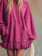 Elegant Retro Sporty Lace Trim And Ruffled Hem Rose Pink Cotton Hooded Style Mini Dress