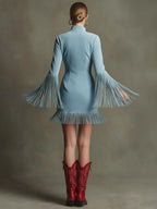 Western Retro Red Embroidered Blue Faux Suede Long-Sleeved Tassel Mini Dress