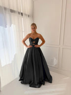 Satin V-Neck Strapless Sleeveless Long A-Line Prom Dress With Pleated And Rhinstone YK0706