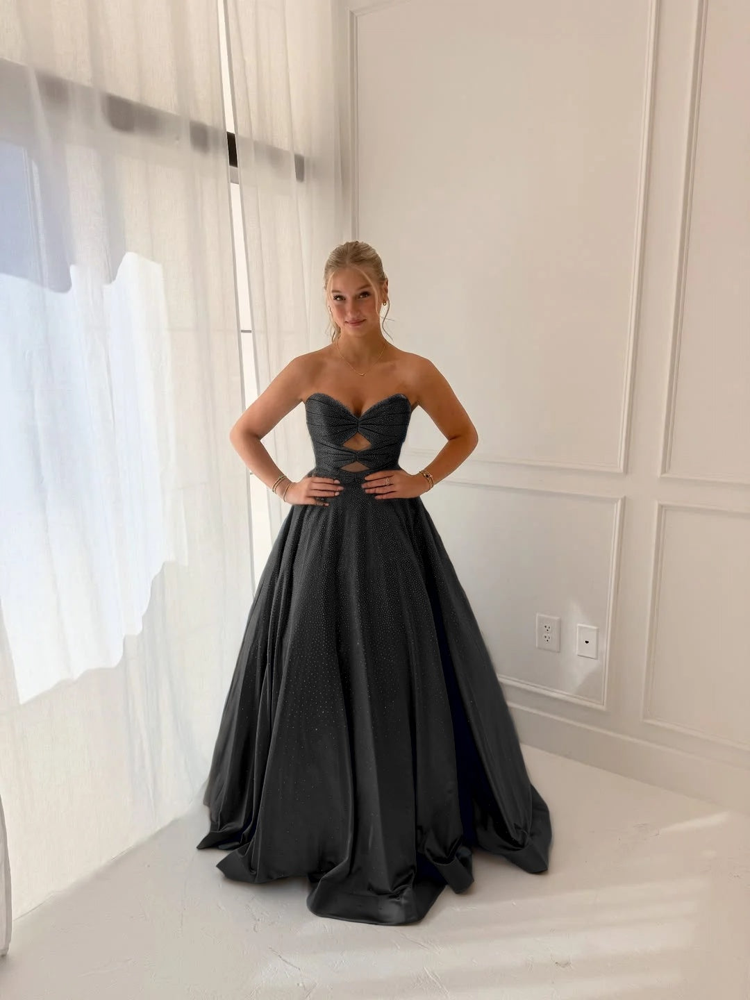 Satin V-Neck Strapless Sleeveless Long A-Line Prom Dress With Pleated And Rhinstone YK0706