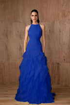Cocoslly Halter Sleeveless High Waist Long Prom Dress With Ruffles | Daffodil Tulle YC0478