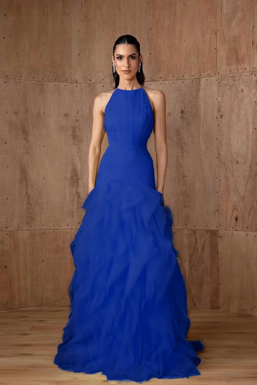 Cocoslly Halter Sleeveless High Waist Long Prom Dress With Ruffles | Daffodil Tulle YC0478