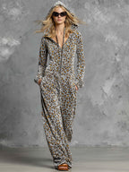 Casual Retro Gray Velvet Leopard Print Hooded Sweatshirt Wide-Leg Jumpsuit