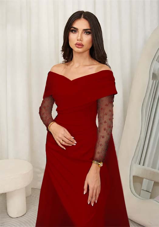 Cocoslly Off-The-Shoulder Long Sleeves High Waist Long Prom Dress With Rhinstone | Blushing Pink Chiffon JZ0100