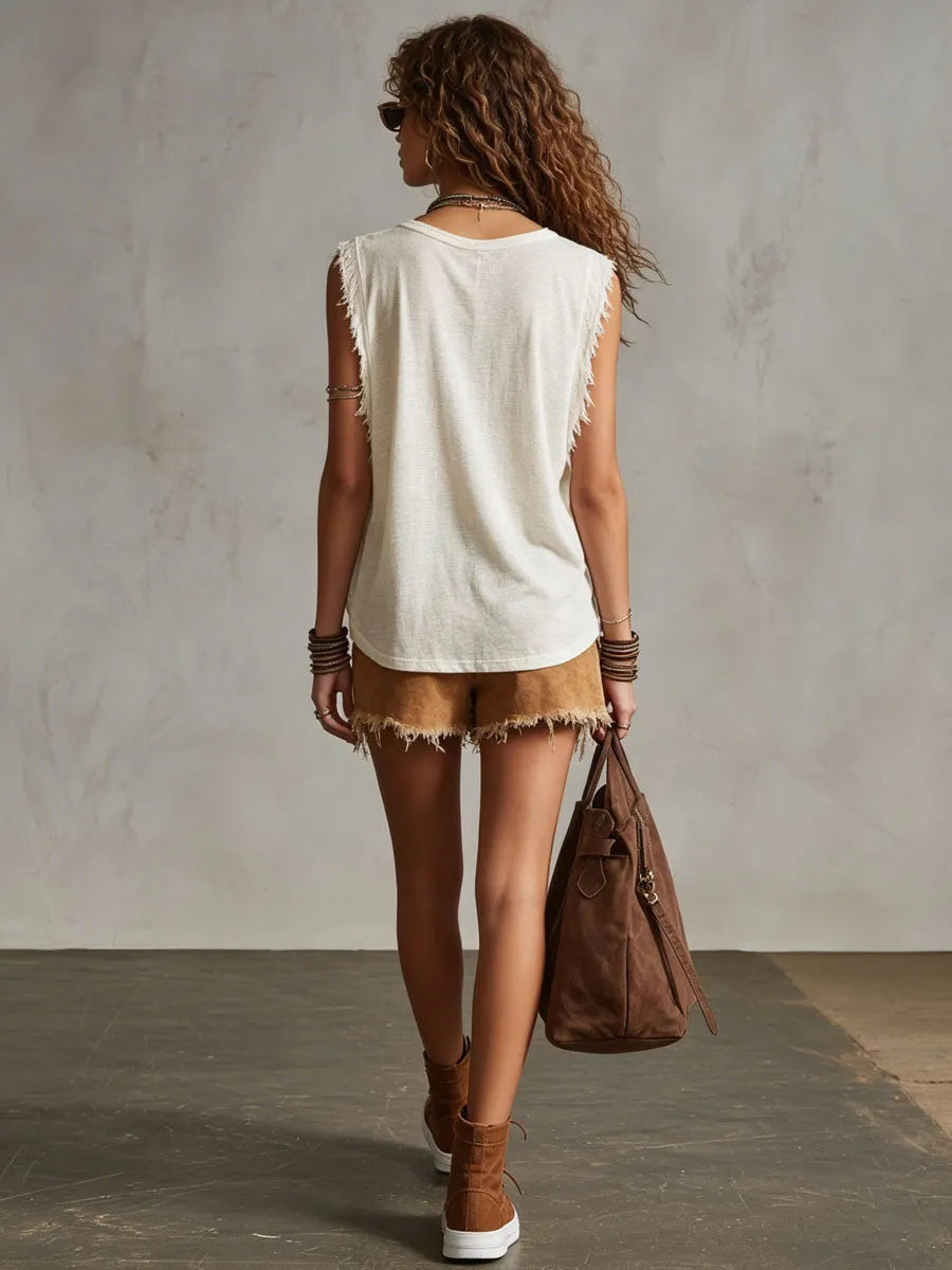 Western Retro Frayed Camel Denim Mini Skirt And Shorts