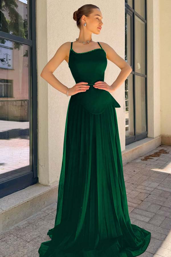 Spaghetti Strap Sleeveless Long Prom Dress With Pleated Sequins WQ0188