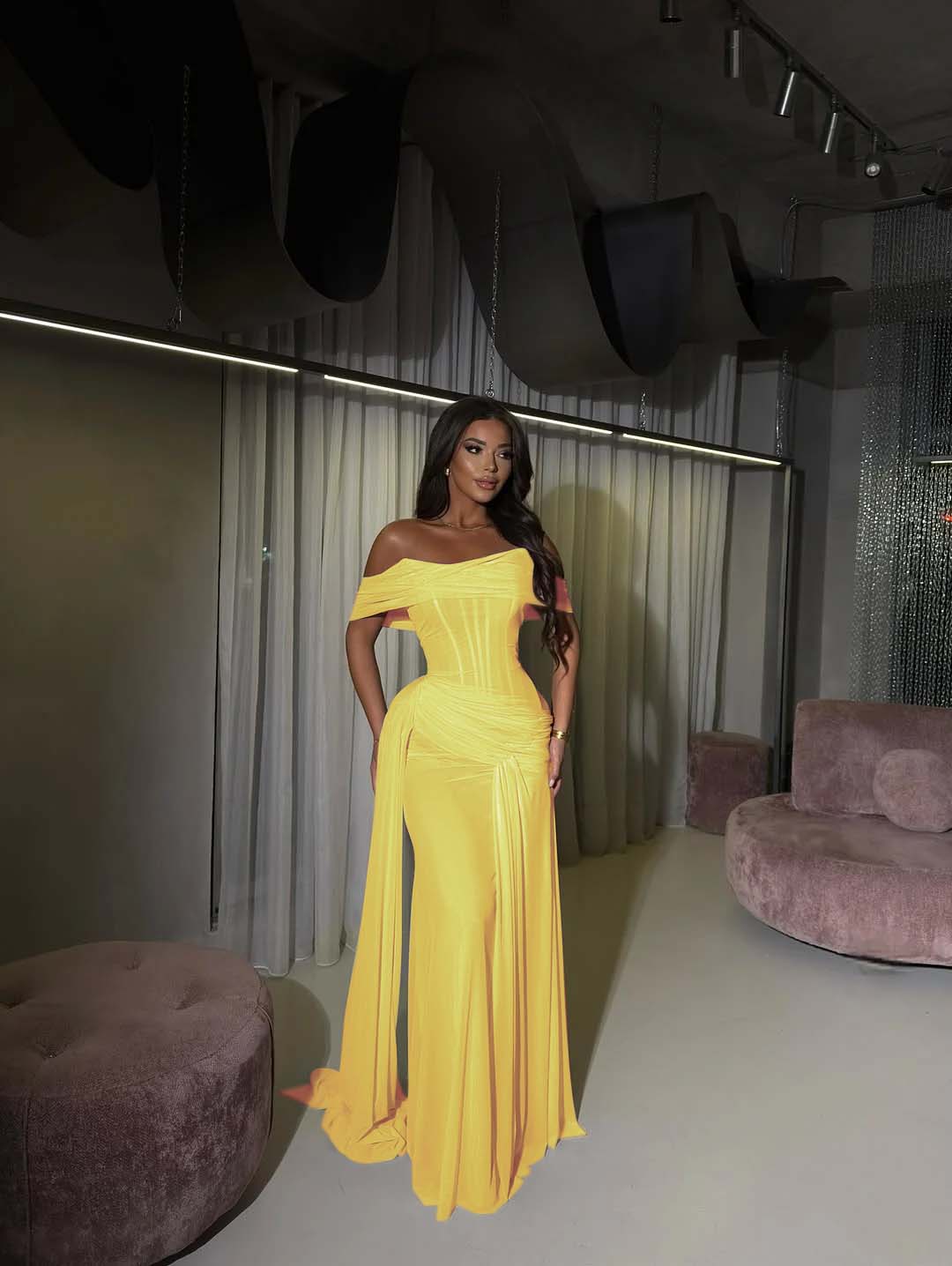 Tulle Off-The-Shoulder Strapless Sleeveless Long Mermaid Prom Dress With Pleated And Train YK0619