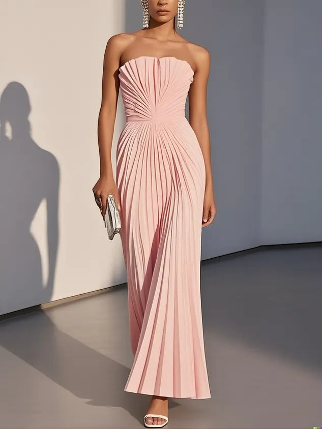 White Pleated Satin Strapless Sleeveless A-Line Maxi Dress