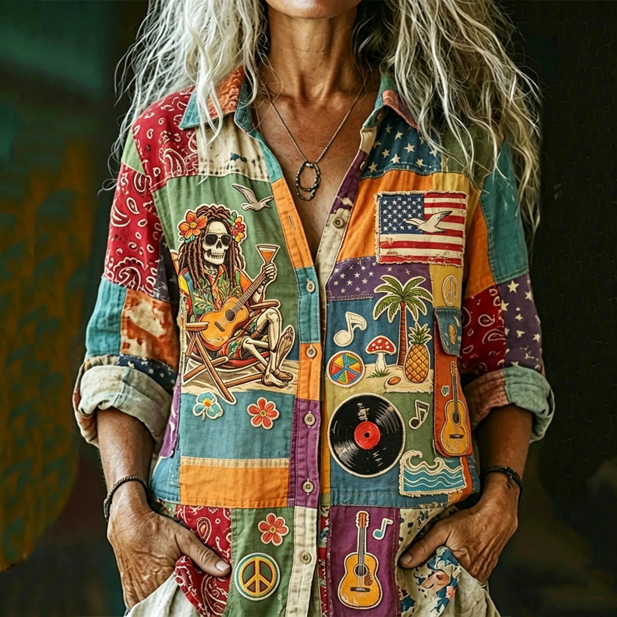 Women's Retro Peace And Love Hippie Pattern Casual Shirt