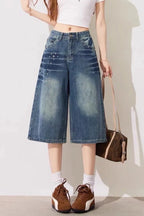 Rhinestone-embellished washed blue high-waisted loose-fitting cropped jeans
