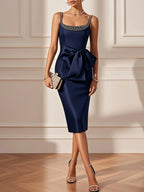 Purplish Blue Hotfix Embellished Bow Satin Square Neck Sleeveless Sheath Midi Dress