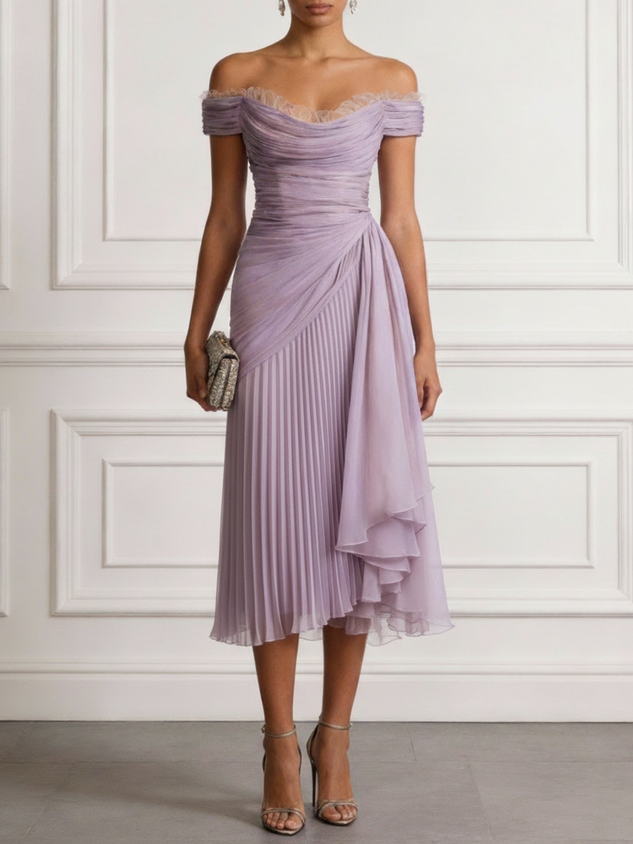 Lavender Ruched Lace Chiffon Off The Shoulder Short Sleeve A-Line Midi Dress