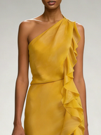 Yellow Peplum Chiffon One Shoulder Sleeveless Sheath Maxi Dress