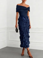Navy Blue 3D Floral Applique Classic Off The Shoulder Short Sleeve Sheath Midi Dress