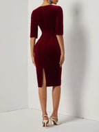 Wine Red Faux Pearl Velvet Boat Neck Half Sleeve Sheath Midi Dress