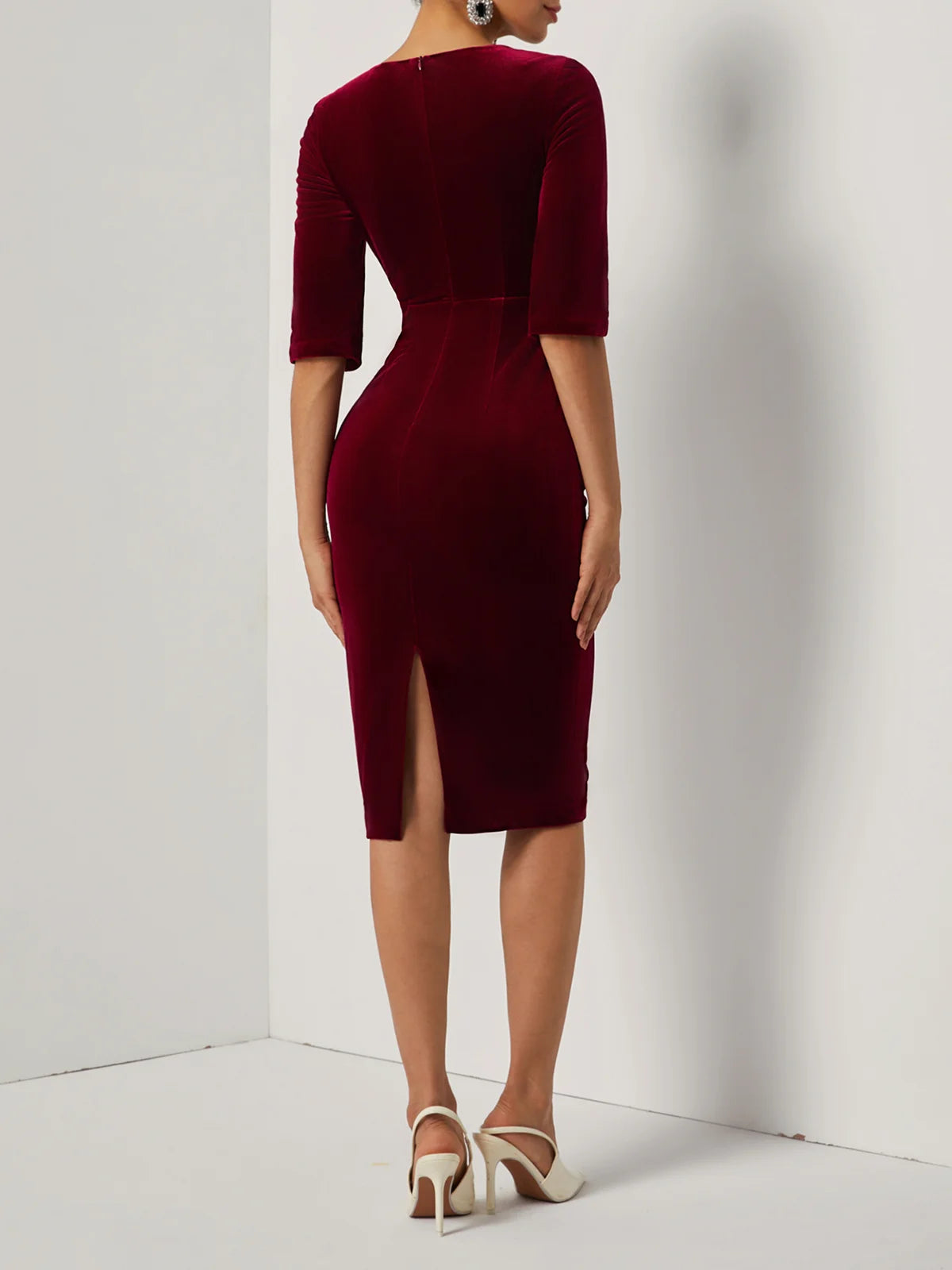 Wine Red Faux Pearl Velvet Boat Neck Half Sleeve Sheath Midi Dress