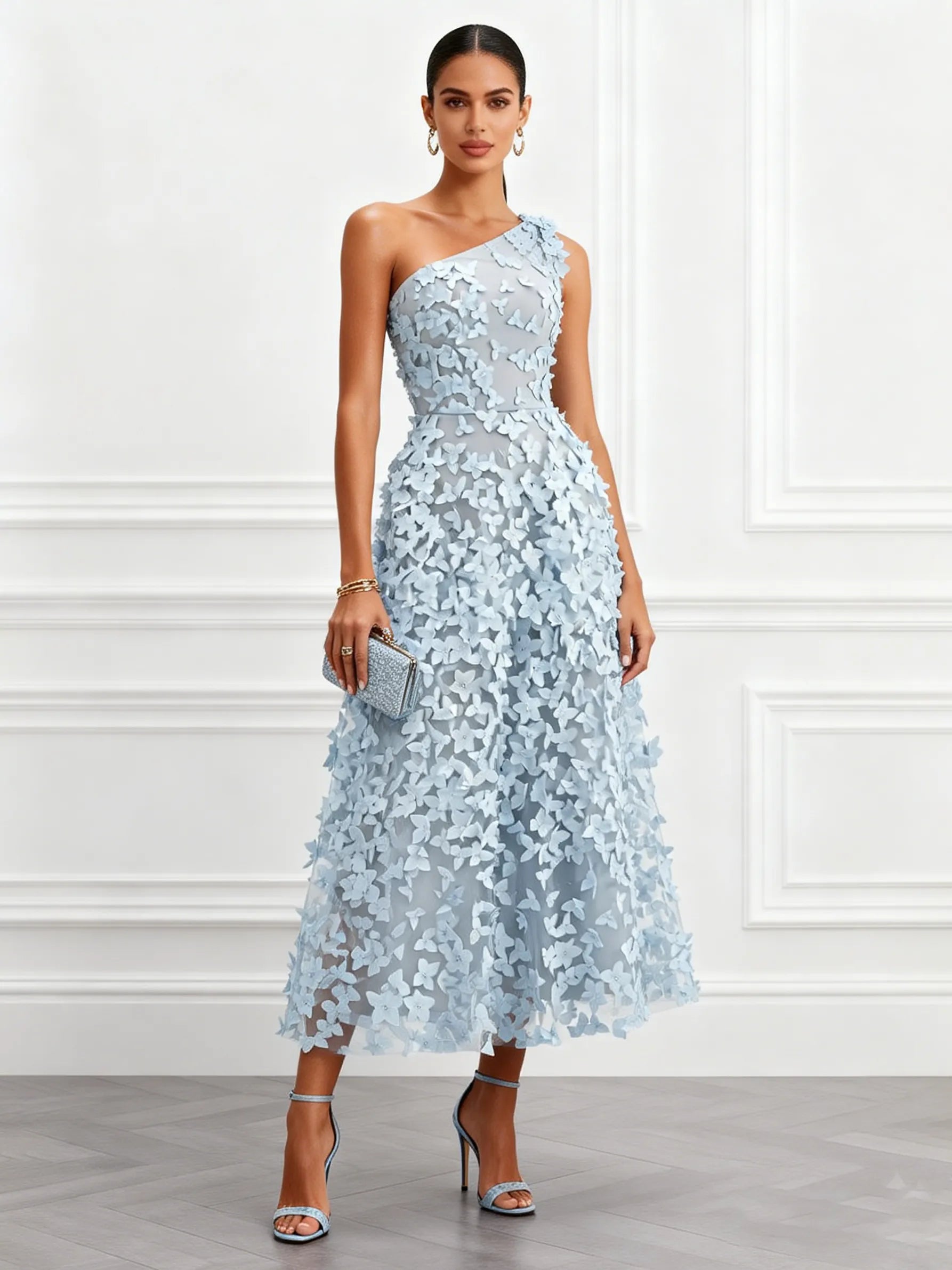 Light Blue 3D Floral Classic One Shoulder Sleeveless A-Line Midi Dress