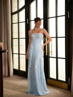 Cocoslly Spaghetti Straps Sleeveless High Waist Long Prom Dress With Rhinstone And Beading Pearls | Nude Sequins LX0091