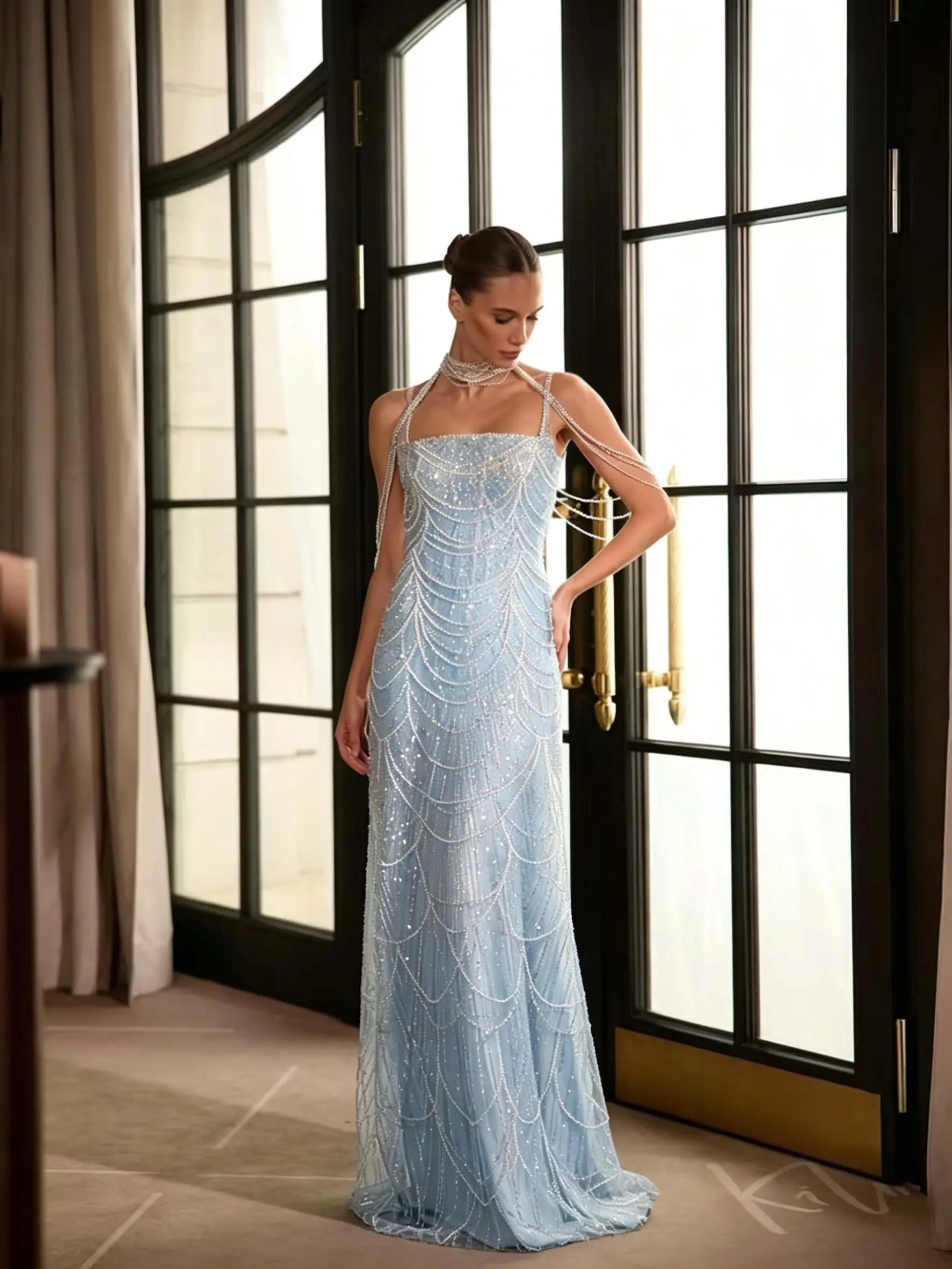 Cocoslly Spaghetti Straps Sleeveless High Waist Long Prom Dress With Rhinstone And Beading Pearls | Nude Sequins LX0091