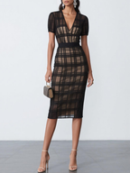 Purplish blue Organza Plaid Classic V Neck Short Sleeve Sheath Midi Dress
