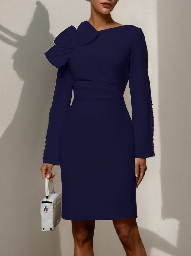 Cream White Bow Long Sleeve Sheath Midi Dress