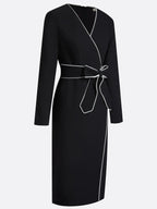 Black Piping Bow Classic V Neck Long Sleeve Sheath Midi Dress
