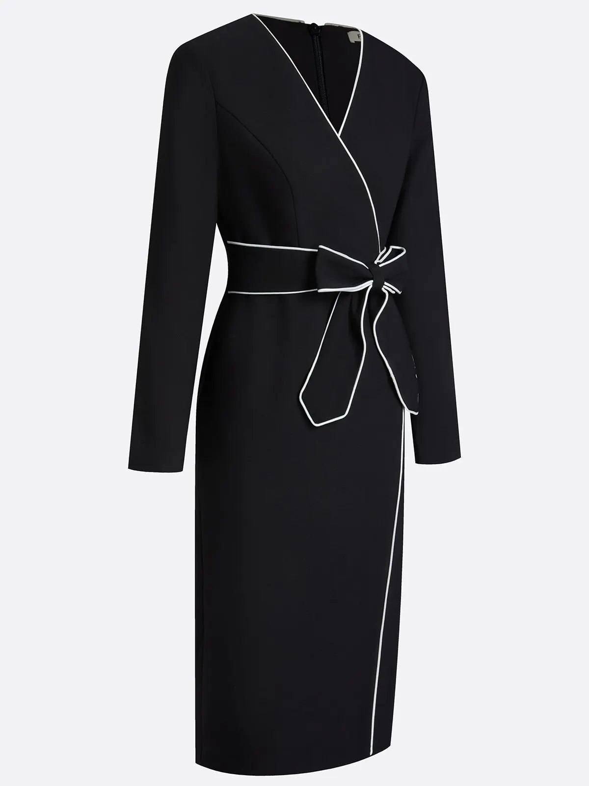 Black Piping Bow Classic V Neck Long Sleeve Sheath Midi Dress