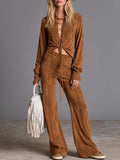 Western Boho Tan Faux-Suede Lace-Up Top And Wide-Leg Pants Set