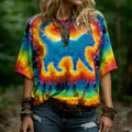 Women's Hippie Abstract Cat Tie-dye Rainbow Pattern Casual T-shirt