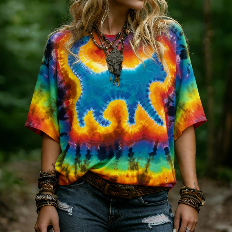 Women's Hippie Abstract Cat Tie-dye Rainbow Pattern Casual T-shirt