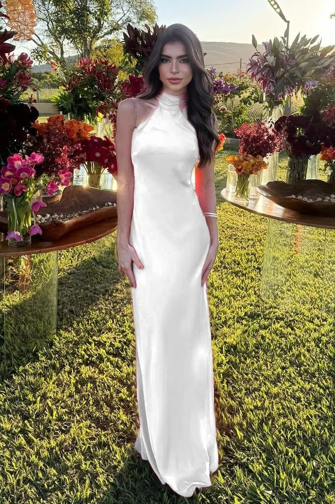 Cocoslly High Neck Sleeveless High Waist Long Mermaid Prom Dress | Fuchsia Satin XJ0757