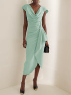 Light Blue Ruched Asymmetric Classic Cowl Neck Cap Sleeve Sheath Midi Dress