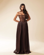 Strapless Sleeveless Long Pleated A-Line Prom Dress With Beadings And Rhinstone YK0781