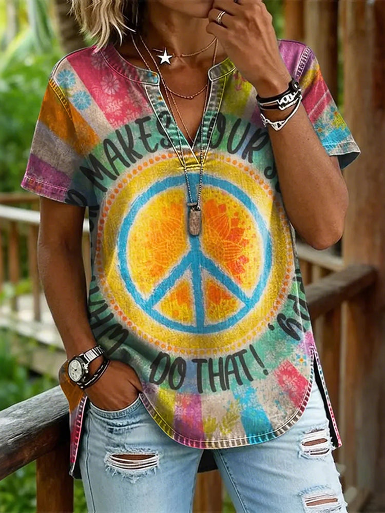 Women's Retro Rainbow Hippie Peace Pattern V-neck Short Sleeve Blouses