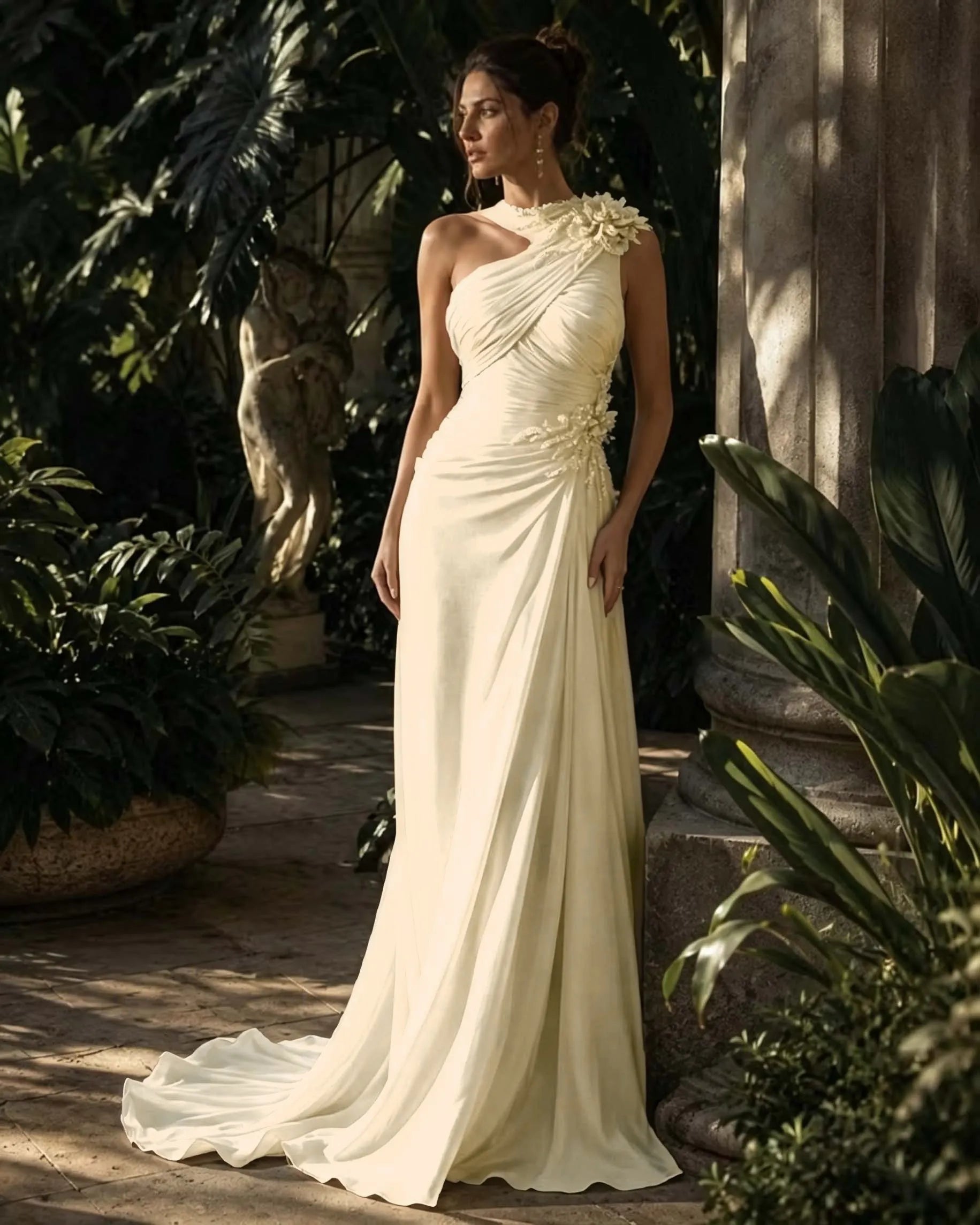 Cocoslly One Shoulder Sleeveless High Waist Long Prom Dress With Rhinstone | Green Chiffon LX0087