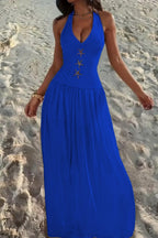 Cocoslly Halter V-Neck Sleeveless High Waist Long Prom Dress With Rhinstone | Ivory Chiffon XJ0755