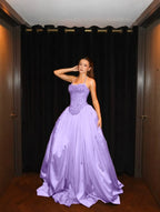 Cocoslly Halter Neck Strapless Sleeveless Long A-Line Prom Dress With Pleated And Sequins Rhinstone | Champage Satin YK0886