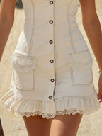 Retro V-neck Lace-trimmed Multi-pocket Denim Sleeveless Mini Dress