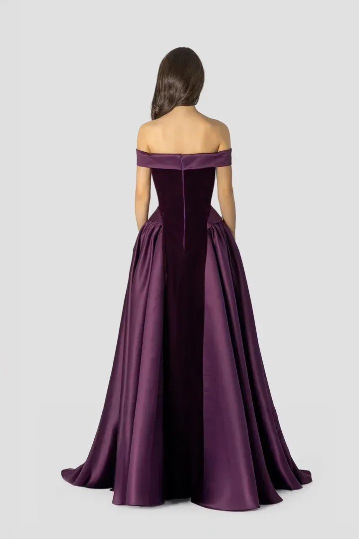 Cocoslly Off-The-Shoulder Sleeveless High Waist Long A Line Prom Dress | Regency Satin LR0426