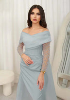 Cocoslly Off-The-Shoulder Long Sleeves High Waist Long Prom Dress With Rhinstone | Blushing Pink Chiffon JZ0100