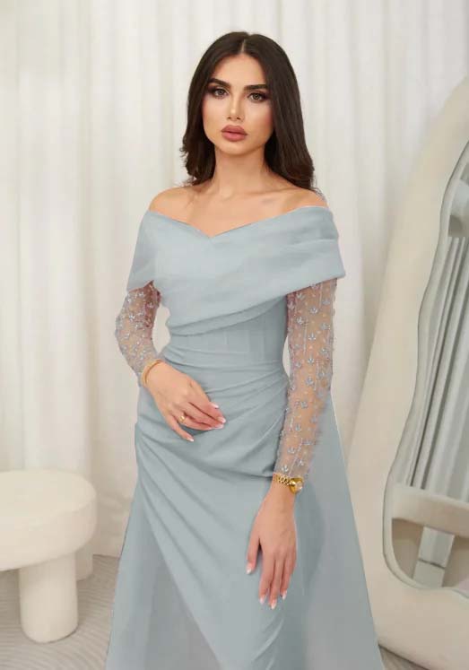 Cocoslly Off-The-Shoulder Long Sleeves High Waist Long Prom Dress With Rhinstone | Blushing Pink Chiffon JZ0100