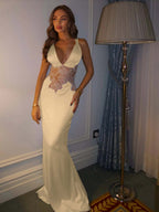 Satin Deep V-Neck Spaghetti Straps Sleeveless Long Mermaid Prom Dress With Lace YK0699