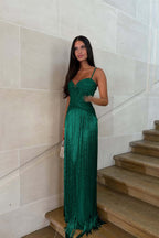 Cocoslly Spaghetti Straps Sleeveless Long Prom Dress With Beadings Tassel | Gold Beaded-Embroidered ZA0298