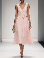 Light Pink Bow Embroidery Classic V Neck Sleeveless A-Line Midi Dress With Pockets