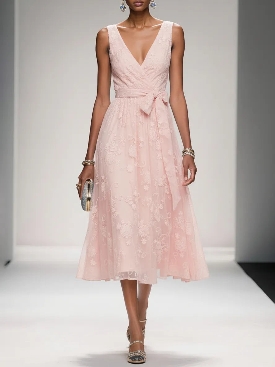 Light Pink Bow Embroidery Classic V Neck Sleeveless A-Line Midi Dress With Pockets